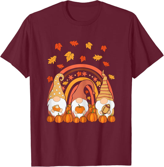 Thanksgiving Colorful Rainbow Pumpkin Fall Leaf Gnomes T-Shirt - T-Shirt | Maroon