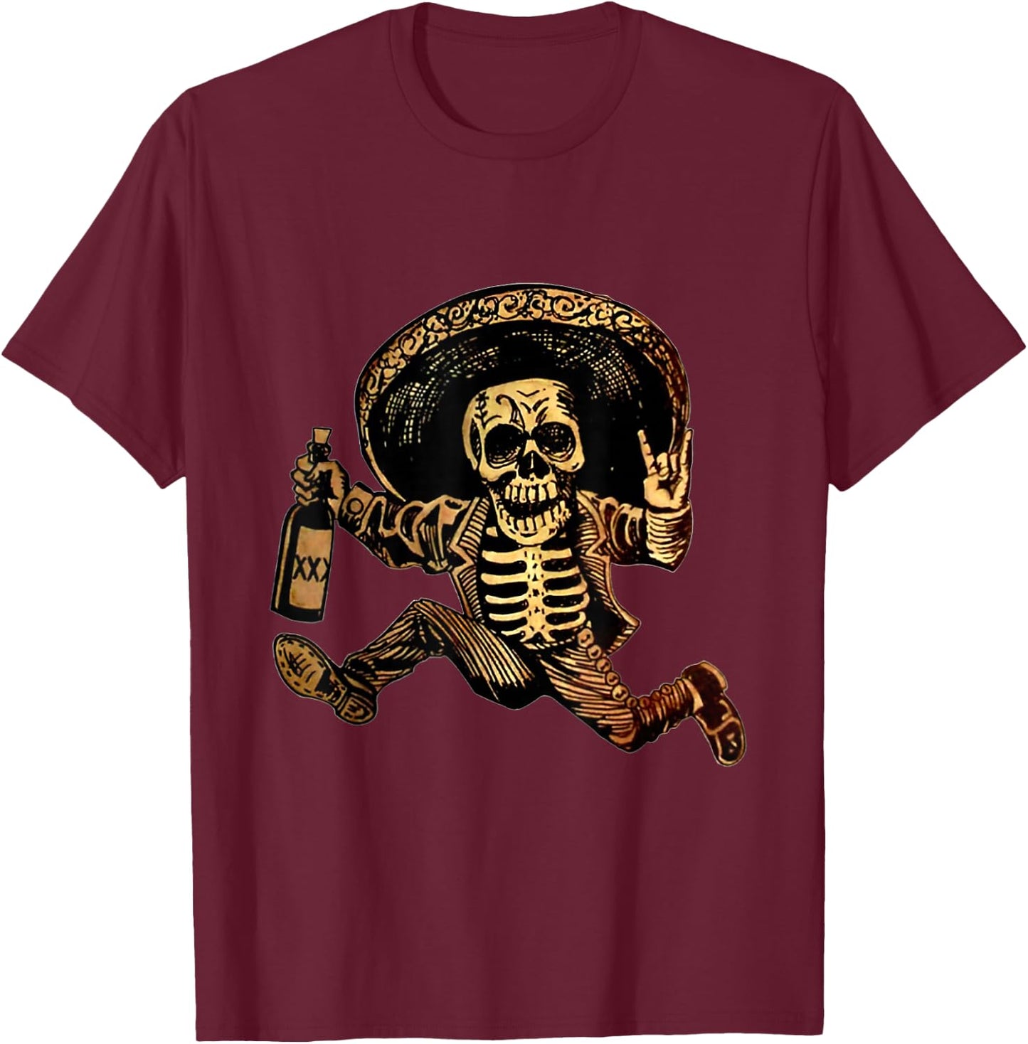 Rock And Roll Hand Skull Drinking Wine Funny Halloween T-Shirt - T-Shirt | Maroon
