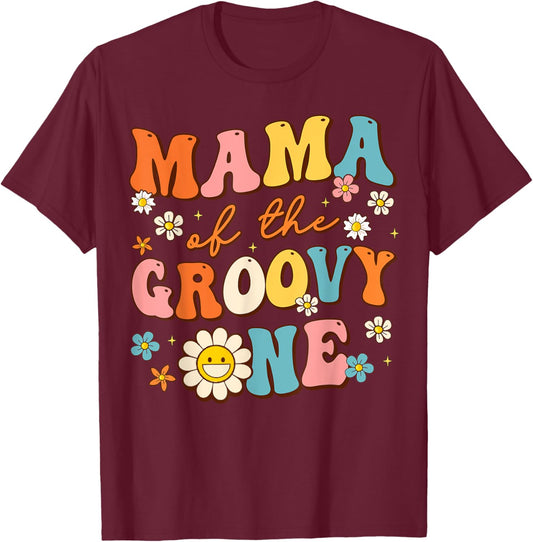 Mama Of The Groovy One 1st Birthday Pregnancy Announcement T-Shirt - T-Shirt | Maroon