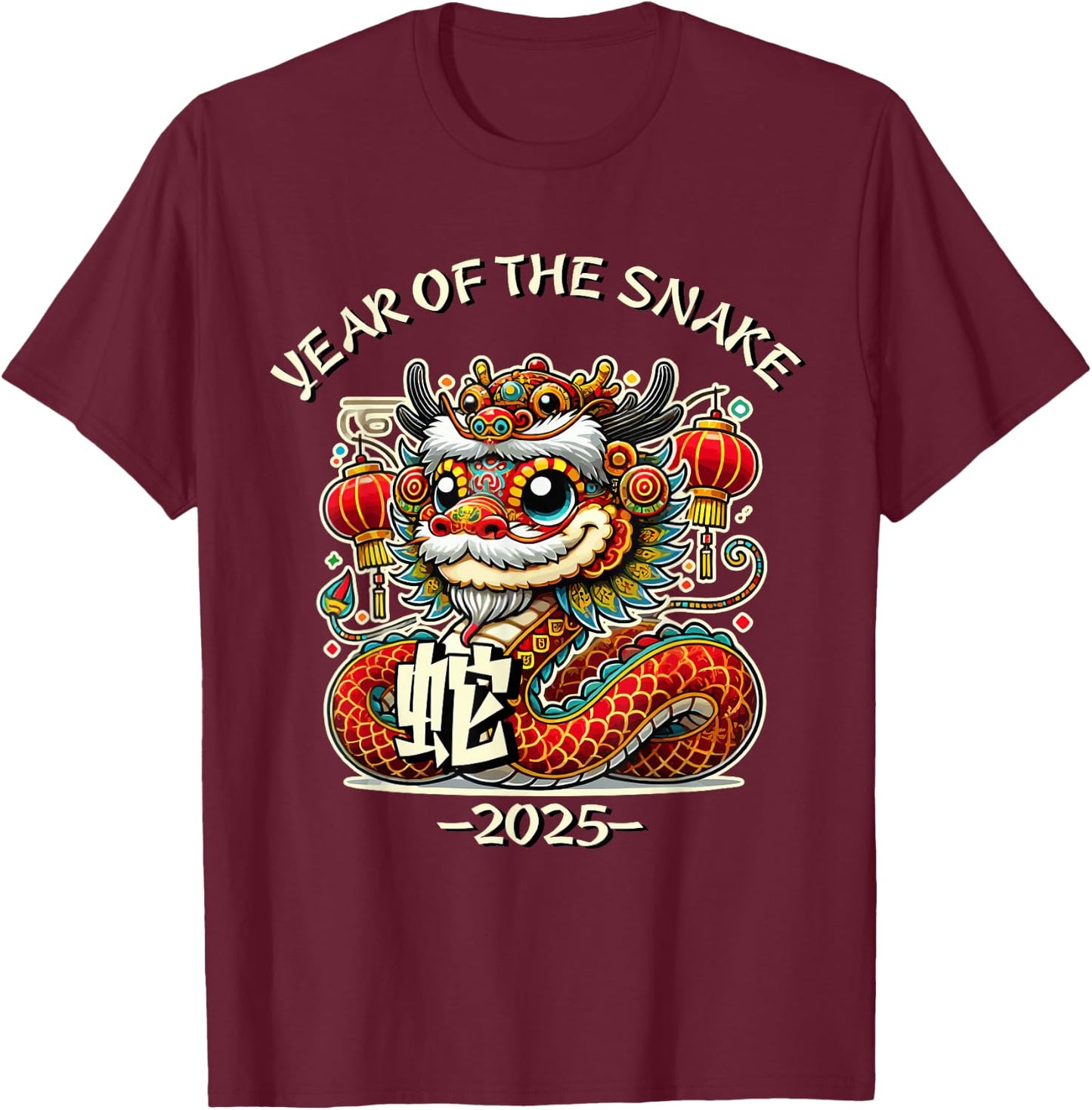 Cute Year of the Snake 2025 Chinese New Year T-Shirt - T-Shirt | Maroon