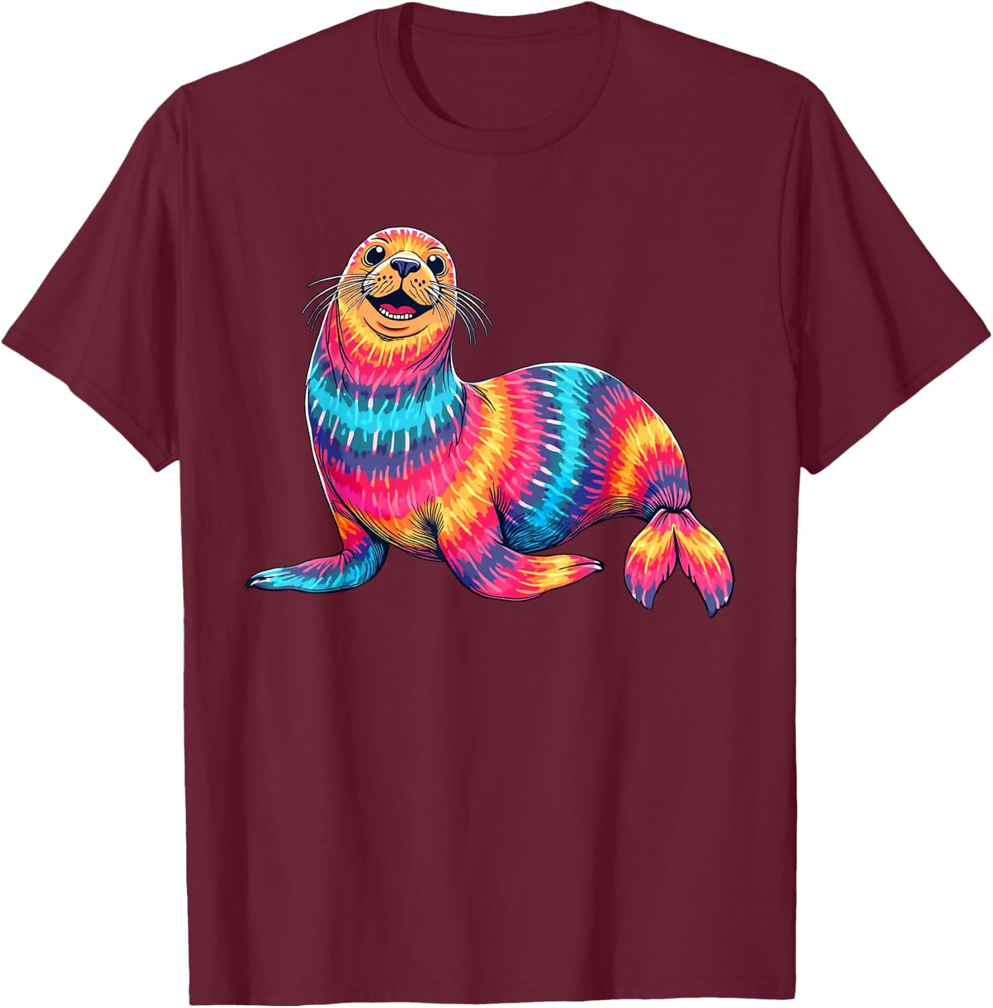 Tie Dye Seal Colorful Hippie Seal Rainbow T-Shirt - T-Shirt | Maroon