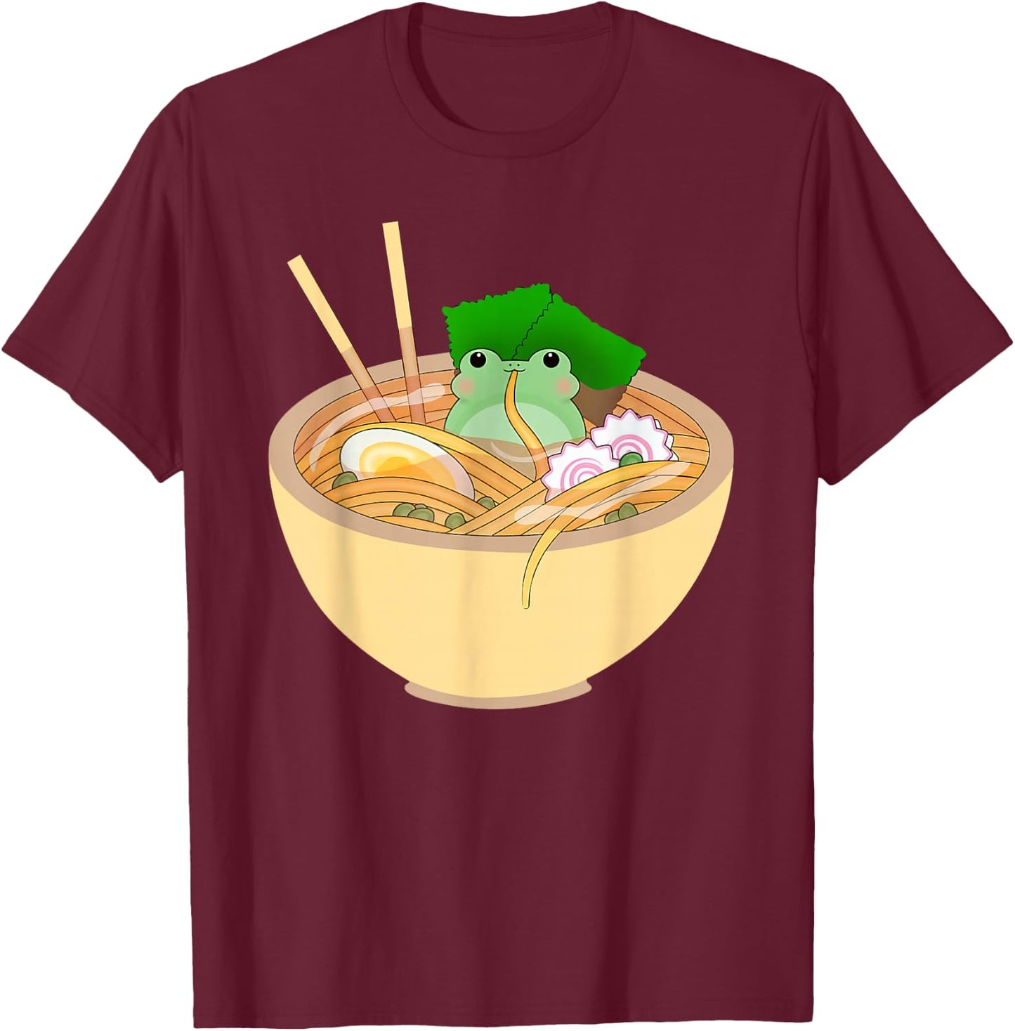 Cute Kawaii Frog Eating In Ramen Bowl T-Shirt - T-Shirt | Maroon