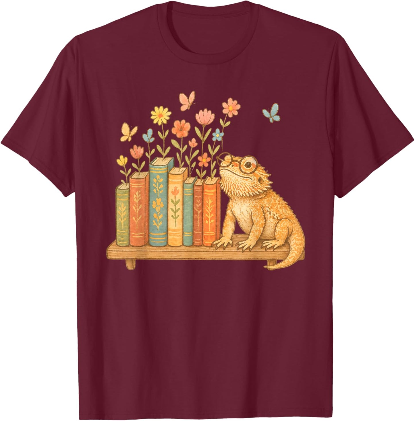 Cute Kawaii Bearded Dragon Books Flowers T-Shirt - T-Shirt | Maroon