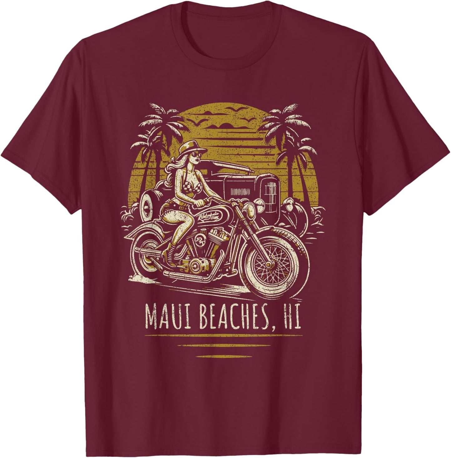 Maui Beaches Hawaii Motorcycle Hotrod Vintage Design T-Shirt - T-Shirt | Maroon