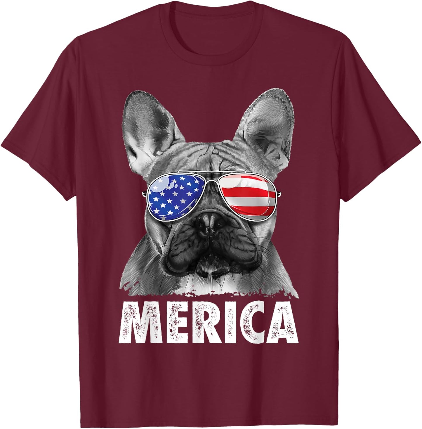 French Bulldog 4th of July Merica American Flag Sunglasses T-Shirt - T-Shirt | Maroon