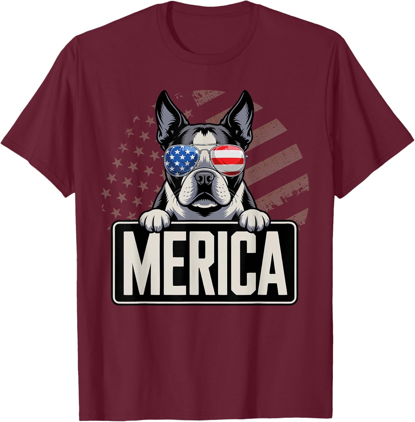 Boston Terrier Merica USA Flag T-Shirt - T-Shirt | Maroon