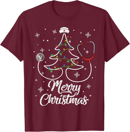 Merry Christmas Nurse Shirt Stethoscope Tree Lights Gift T-Shirt - T-Shirt | Maroon
