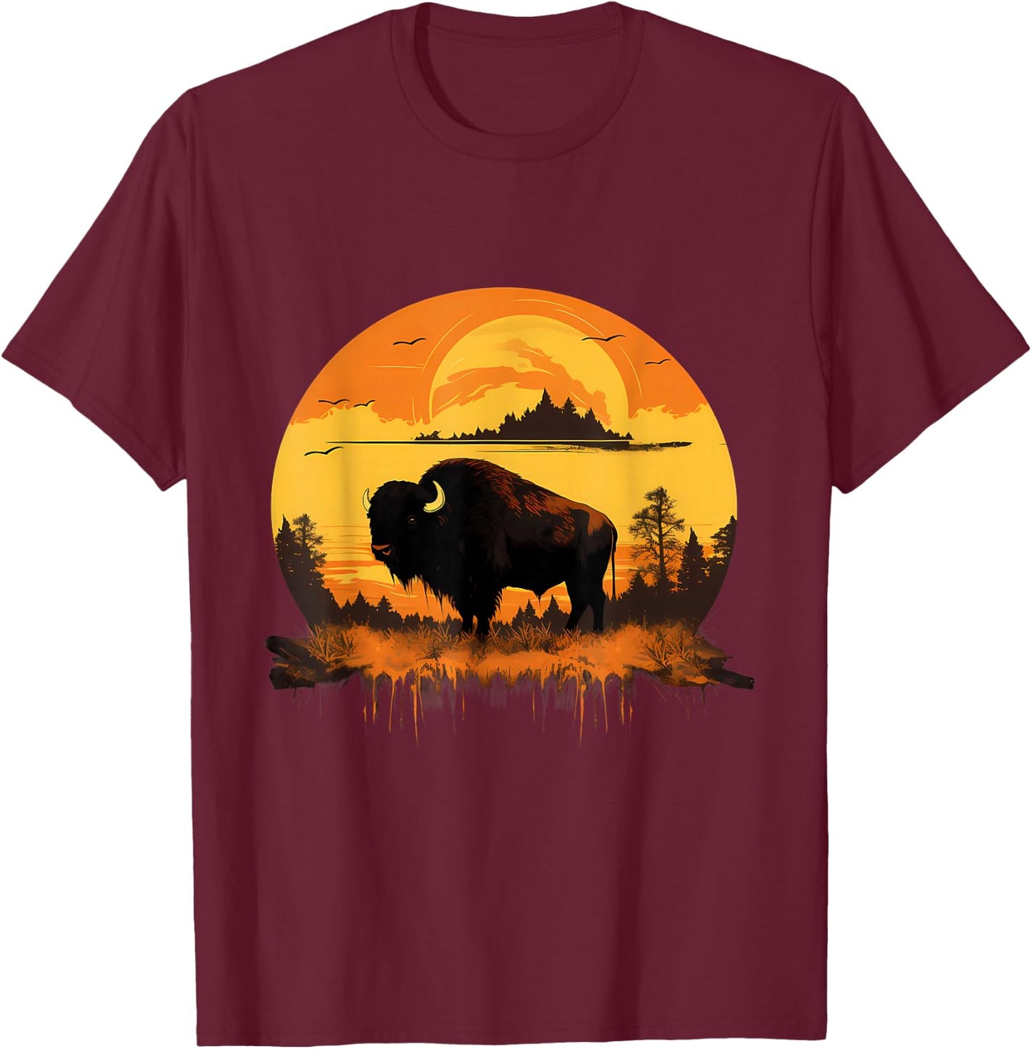 Buffalo Nature Sunset Bison Colorful Savanna Animal Art T-Shirt - T-Shirt | Maroon