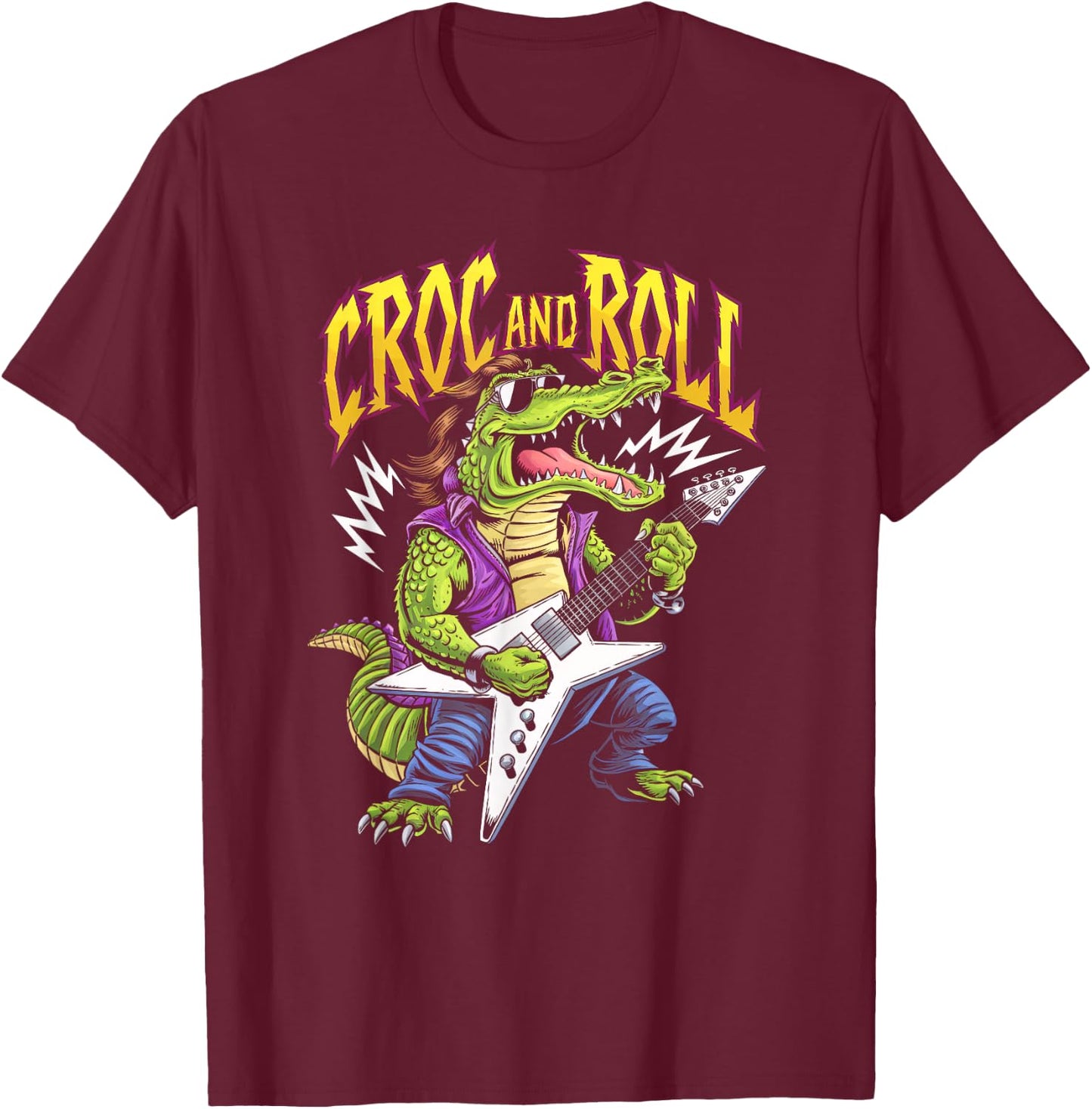 Croc And Roll Funny Crocodile Electric Guitar Rock Boys Men T-Shirt - T-Shirt | Maroon