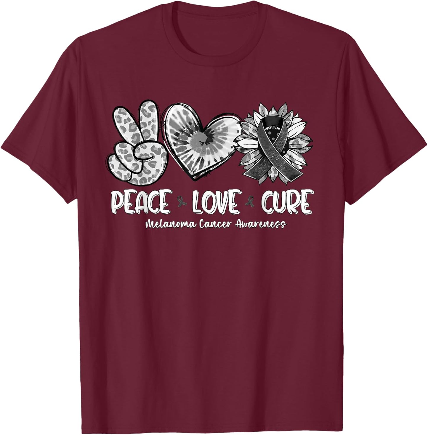 Peace Love Cure Sunflower Melanoma Cancer Awareness Gifts T-Shirt - T-Shirt | Maroon