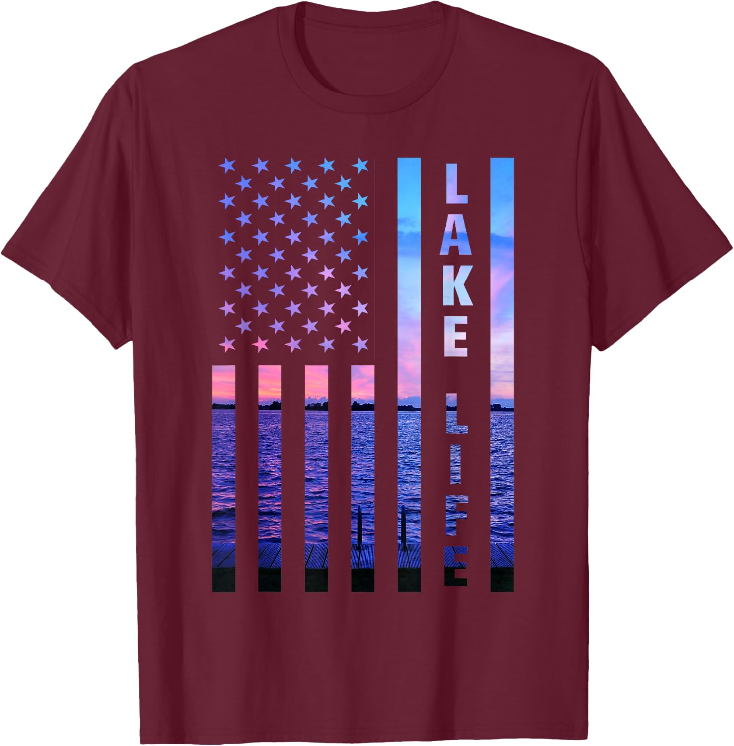 Lake Life American Flag Dock Sunset Wakeboarder Power Boat T-Shirt - T-Shirt | Maroon