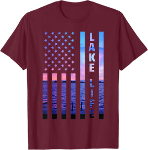 Lake Life American Flag Dock Sunset Wakeboarder Power Boat T-Shirt - T-Shirt | Maroon