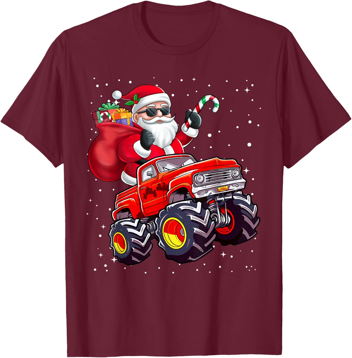 Santa Claus Riding A Monster Truck Christmas Boy Girl Kids T-Shirt - T-Shirt | Maroon