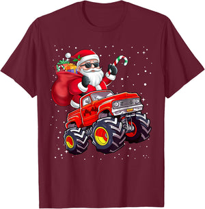 Santa Claus Riding A Monster Truck Christmas Boy Girl Kids T-Shirt - T-Shirt | Maroon