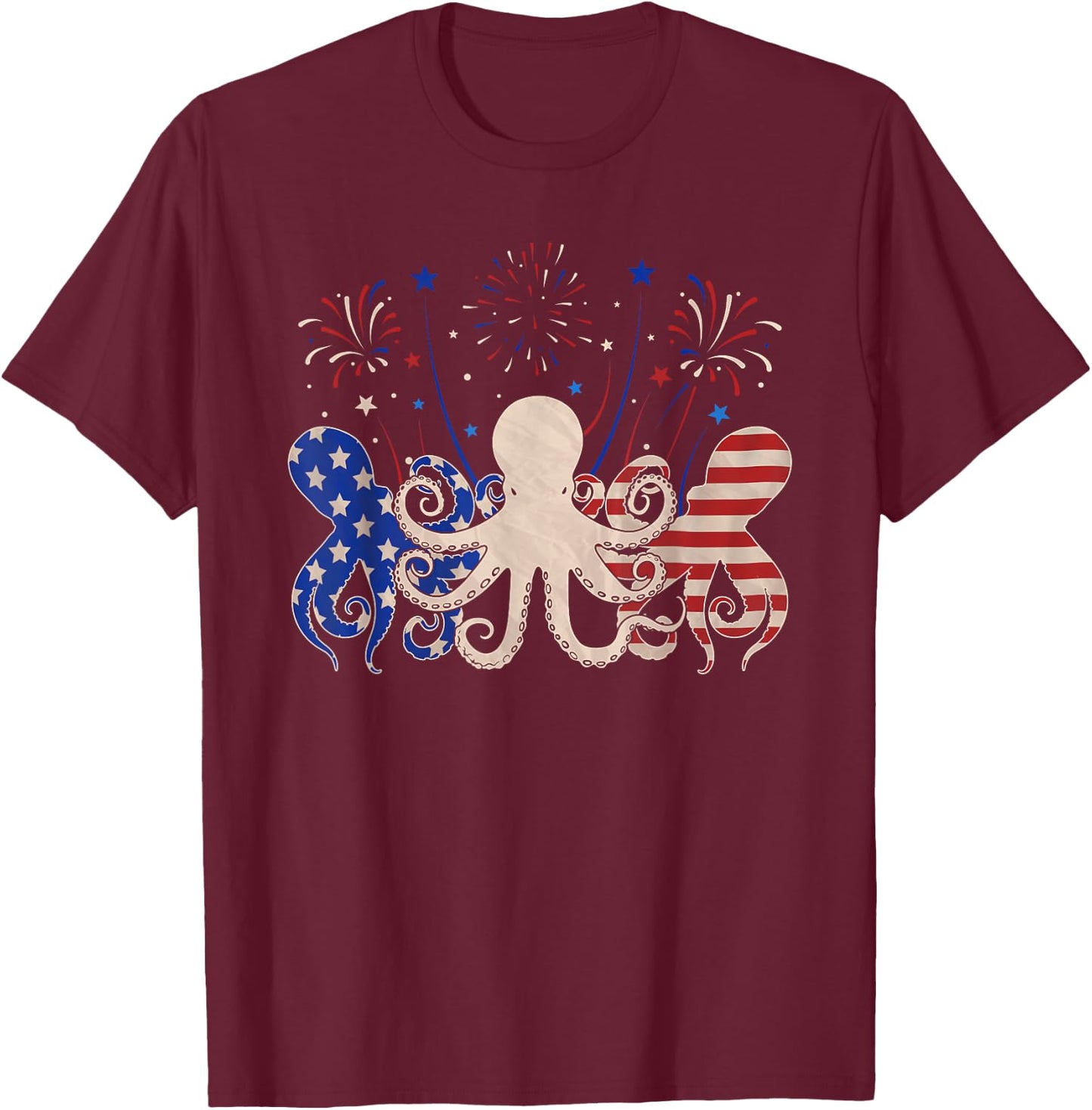 Three Octopus 4th of July Patriotic American Flag T-Shirt - T-Shirt | Maroon