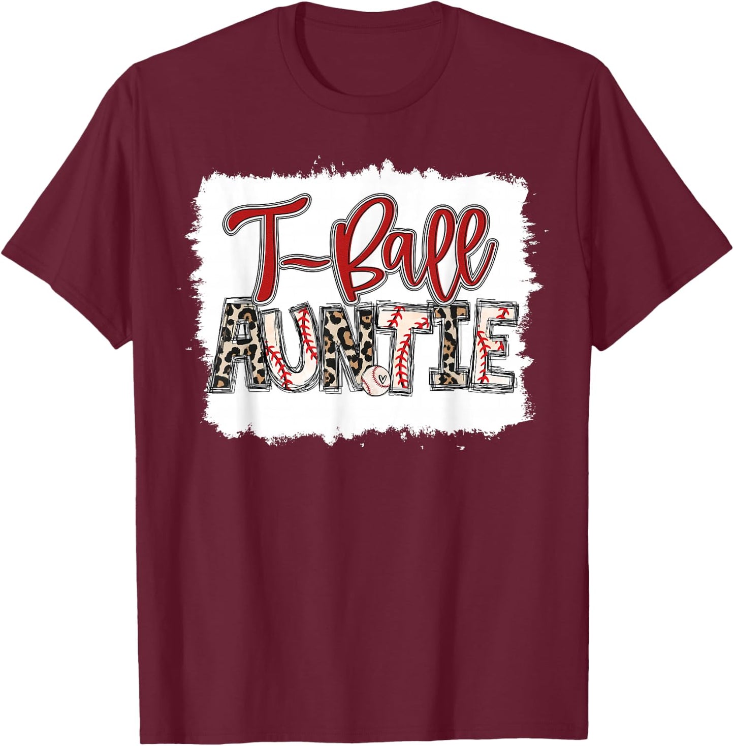 Proud T-Ball Auntie Ball Leopard Print Squad Team T-Shirt - T-Shirt | Maroon