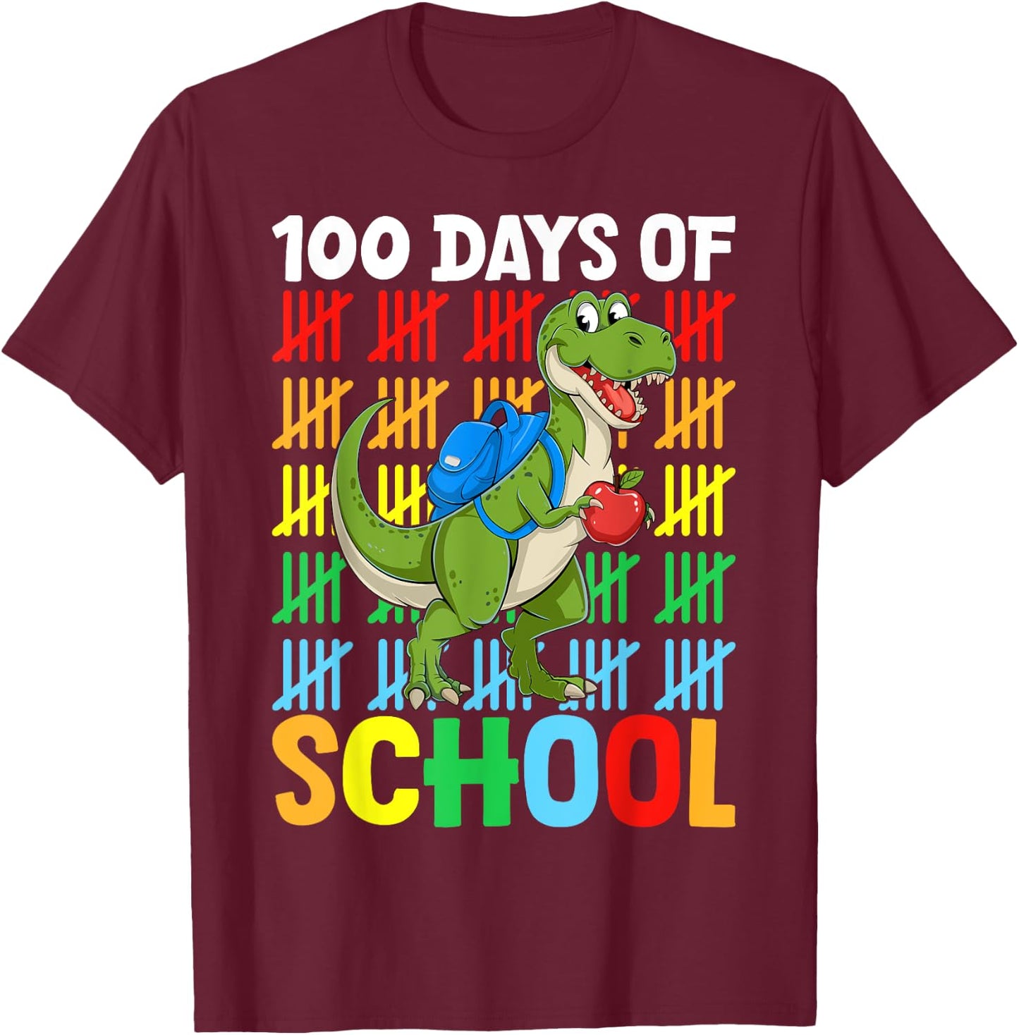 100 Days Of School Dinosaur Happy 100th Day of School T-Shirt - T-Shirt | Maroon