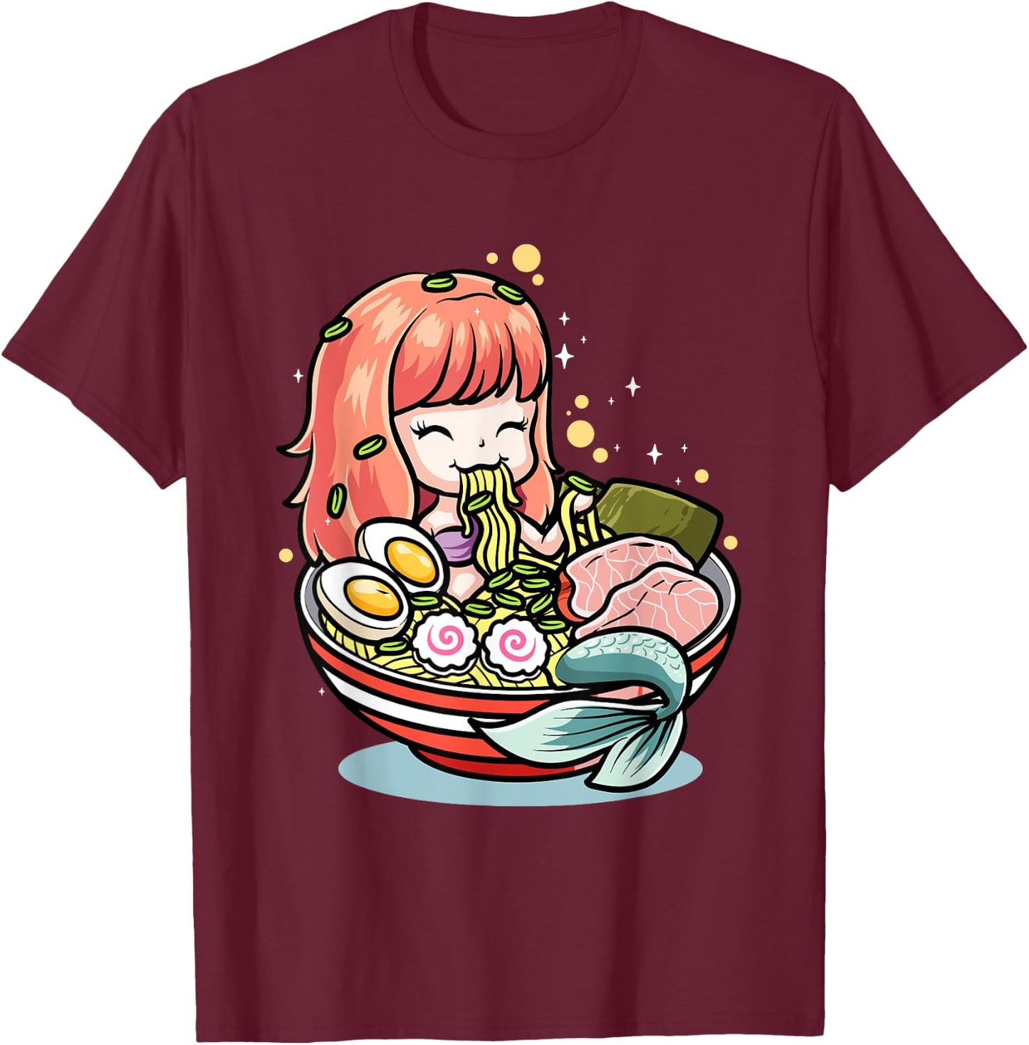 Cute Mermaid Eating Ramen Kawaii Noodle Bowl T-Shirt - T-Shirt | Maroon