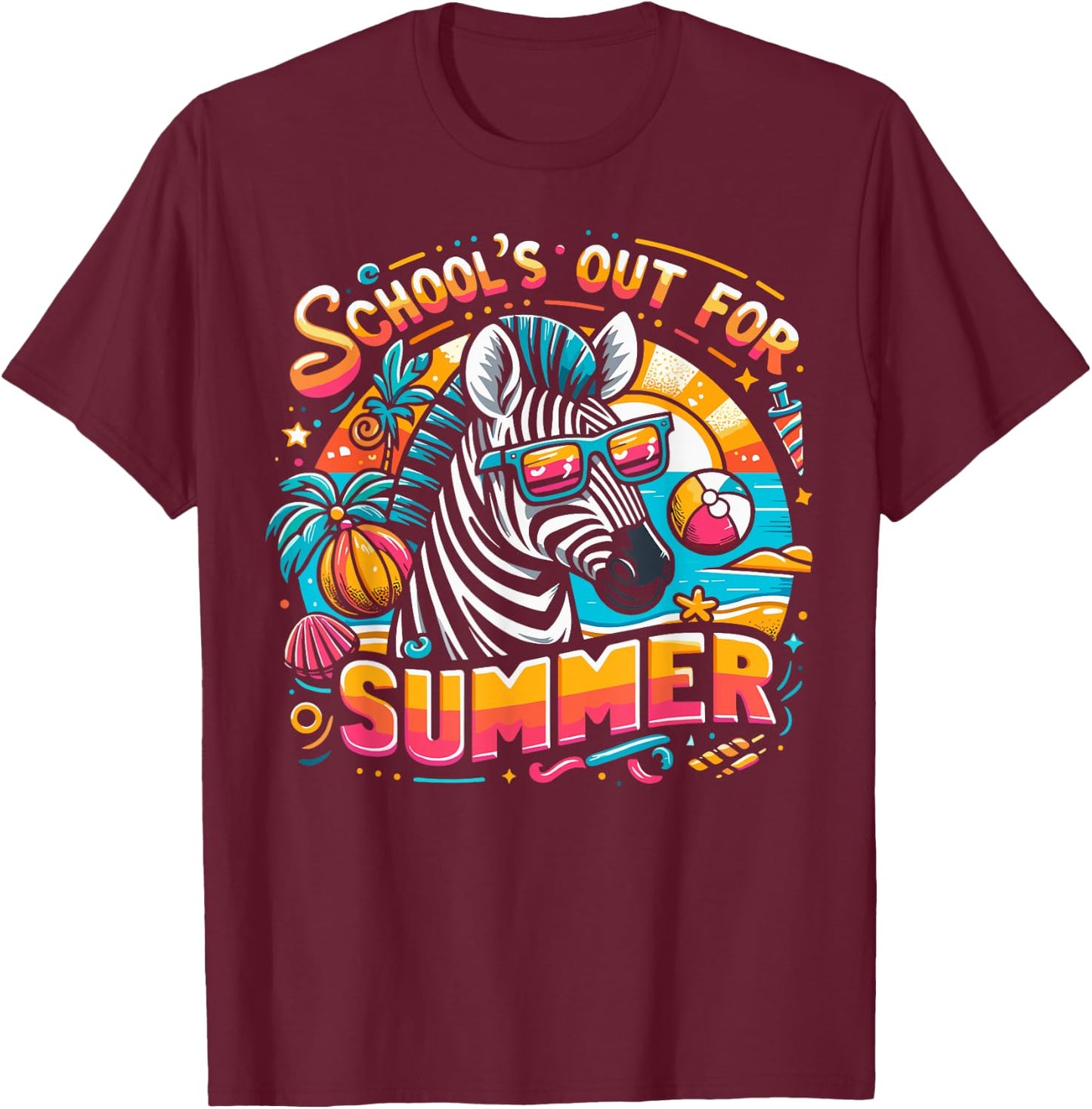 Funny Schools Out For Summer Teacher Kids Boys Girls Zebra T-Shirt - T-Shirt | Maroon