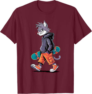 Boys Men Skatepark Cool Skater Cat Rizzler Skateboard T-Shirt - T-Shirt | Maroon