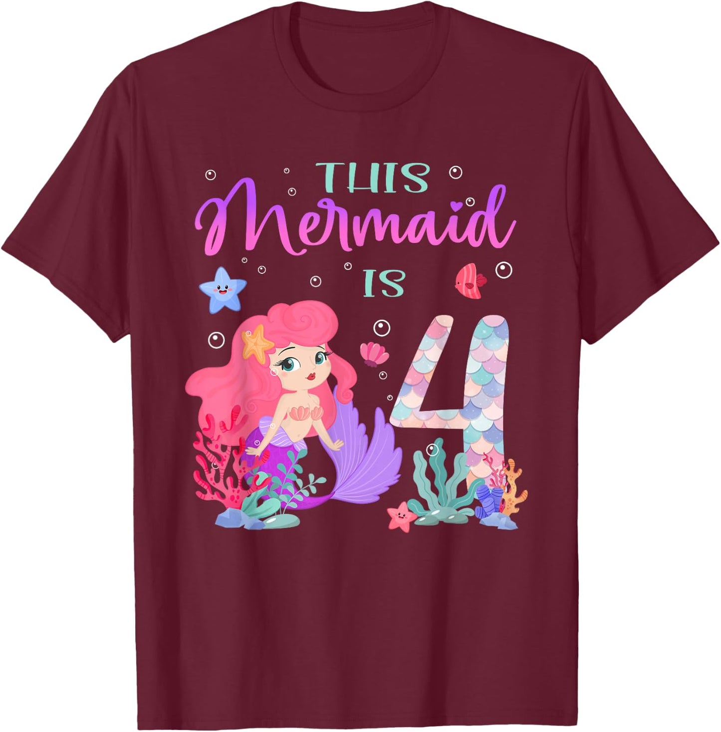 4th Birthday Cute Mermaid Girl 4 Year Old Birthday Party T-Shirt - T-Shirt | Maroon
