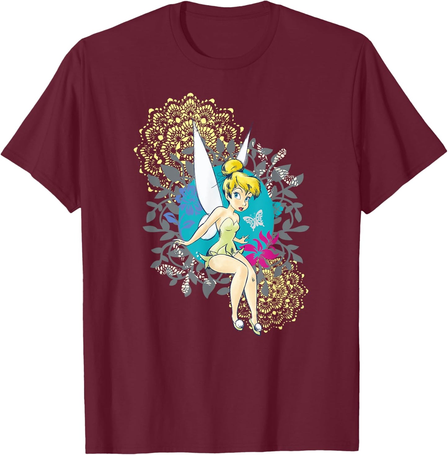 Tinkerbell Floral Pattern , Black, S T-Shirt - T-Shirt | Maroon