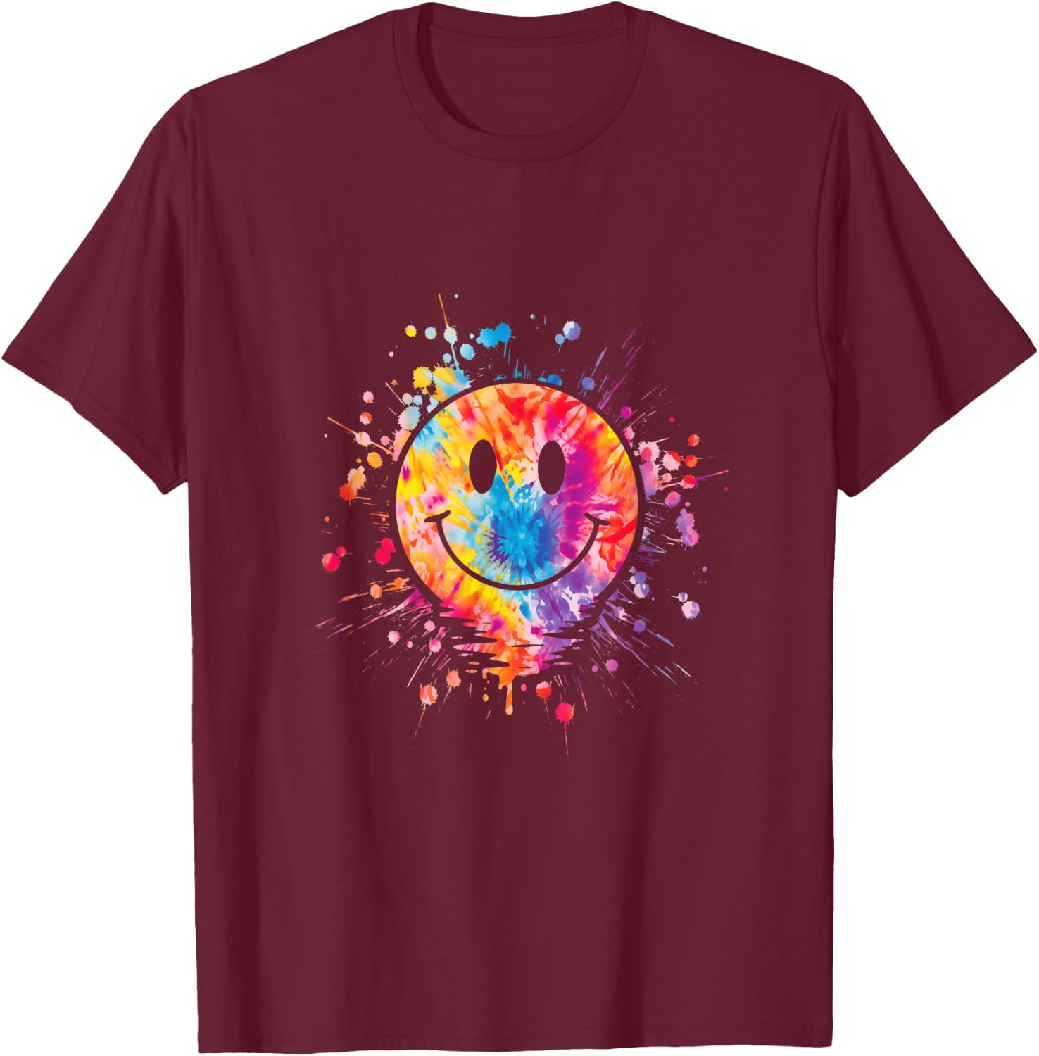 Retro Happy Face Rainbow Tie Dye Splatter 70s Peace Smile T-Shirt - T-Shirt | Maroon
