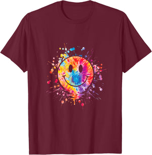 Retro Happy Face Rainbow Tie Dye Splatter 70s Peace Smile T-Shirt - T-Shirt | Maroon