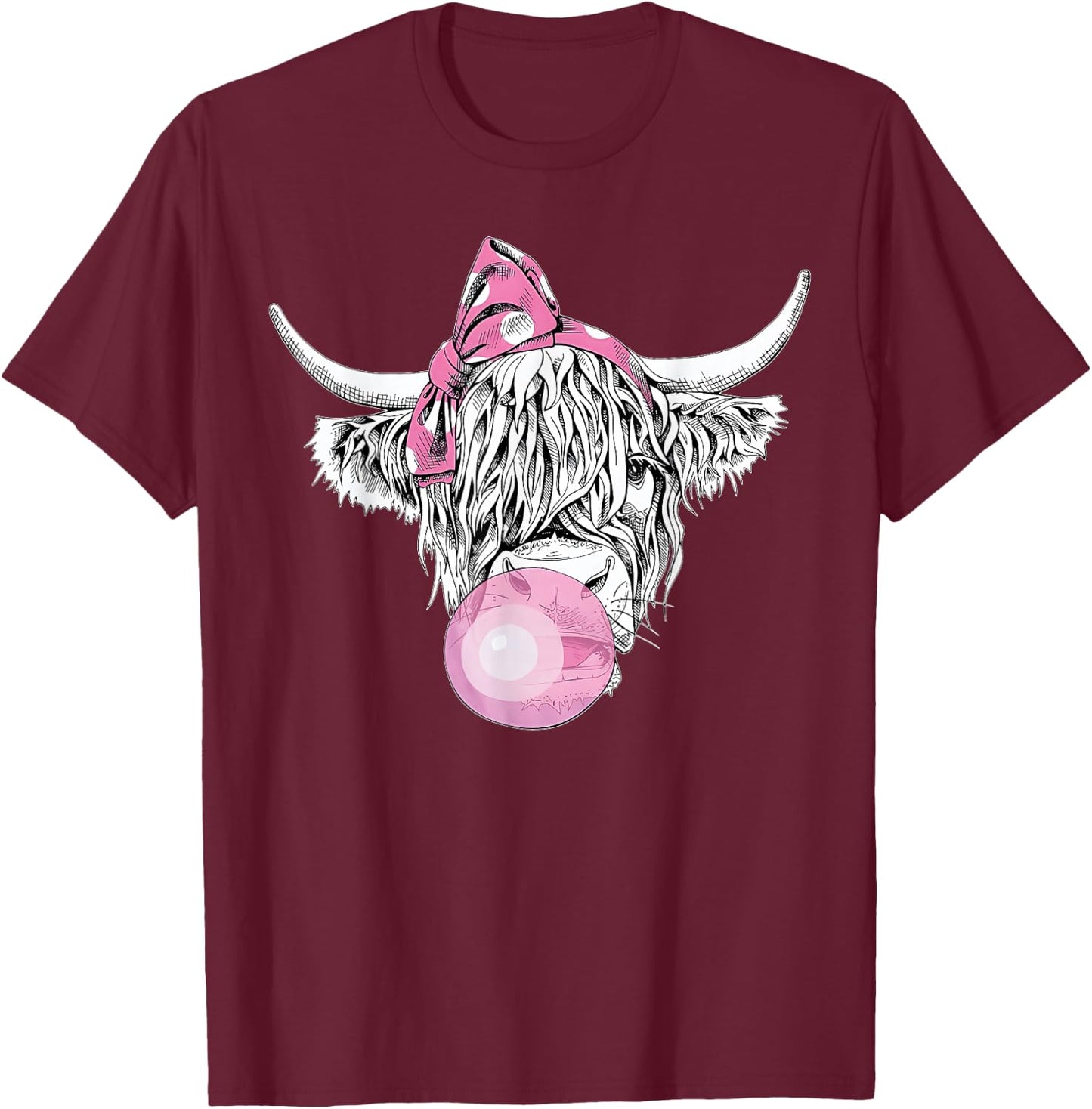 Bubble Gum Highland Cow Women Girls Heifer Farm Cow Lover T-Shirt - T-Shirt | Maroon