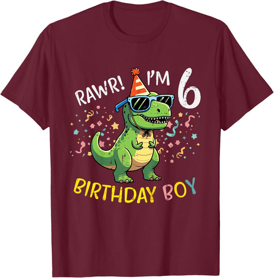 Kids 6th Birthday Trex Bday Boy Rawr Im 6 Years Old Boys Kids T-Shirt - T-Shirt | Maroon