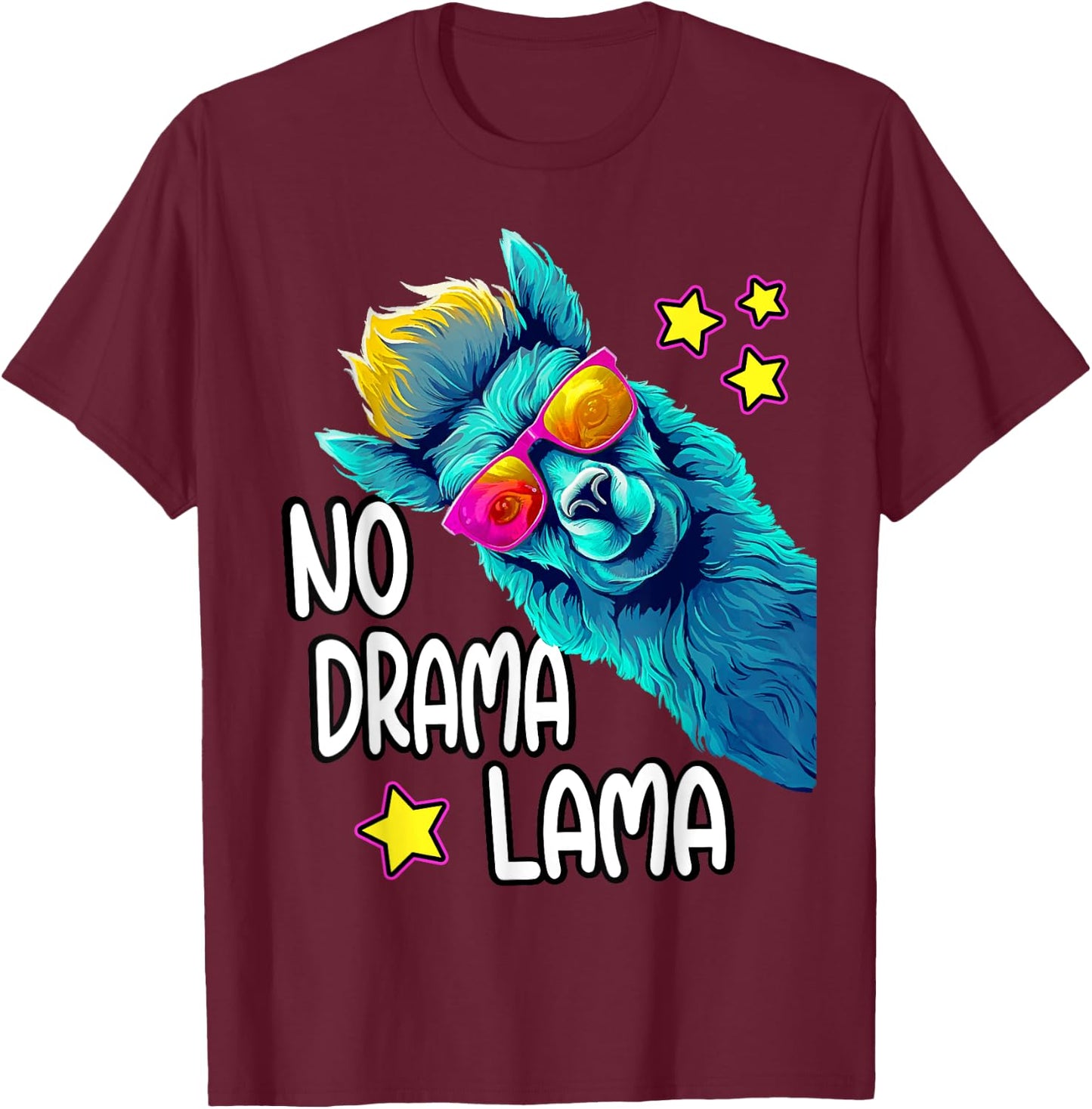 Lama No Drama with Sunglasses Cool Funny Saying Alpaca , black T-Shirt - T-Shirt | Maroon
