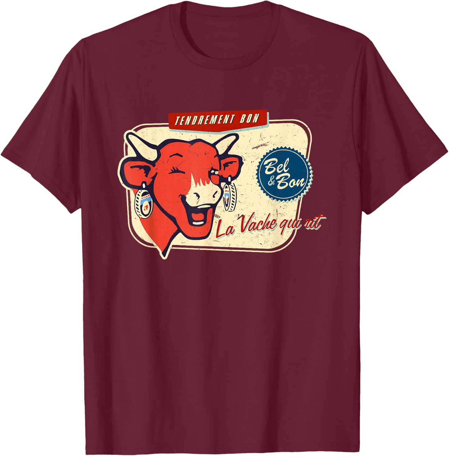 The Laughing Cow La Vache Qui Rit Retro Distressed T-Shirt - T-Shirt | Maroon