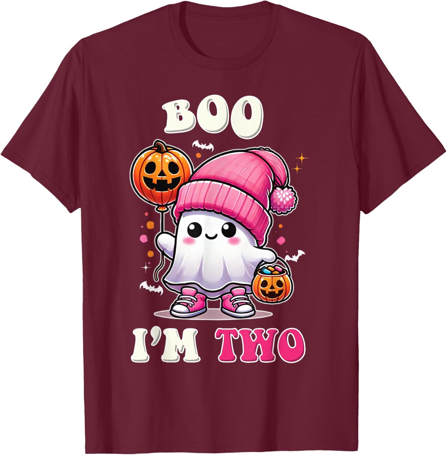 Boo I'm Two Ghost 2nd Birthday Halloween Pink Bow Girl T-Shirt - T-Shirt | Maroon