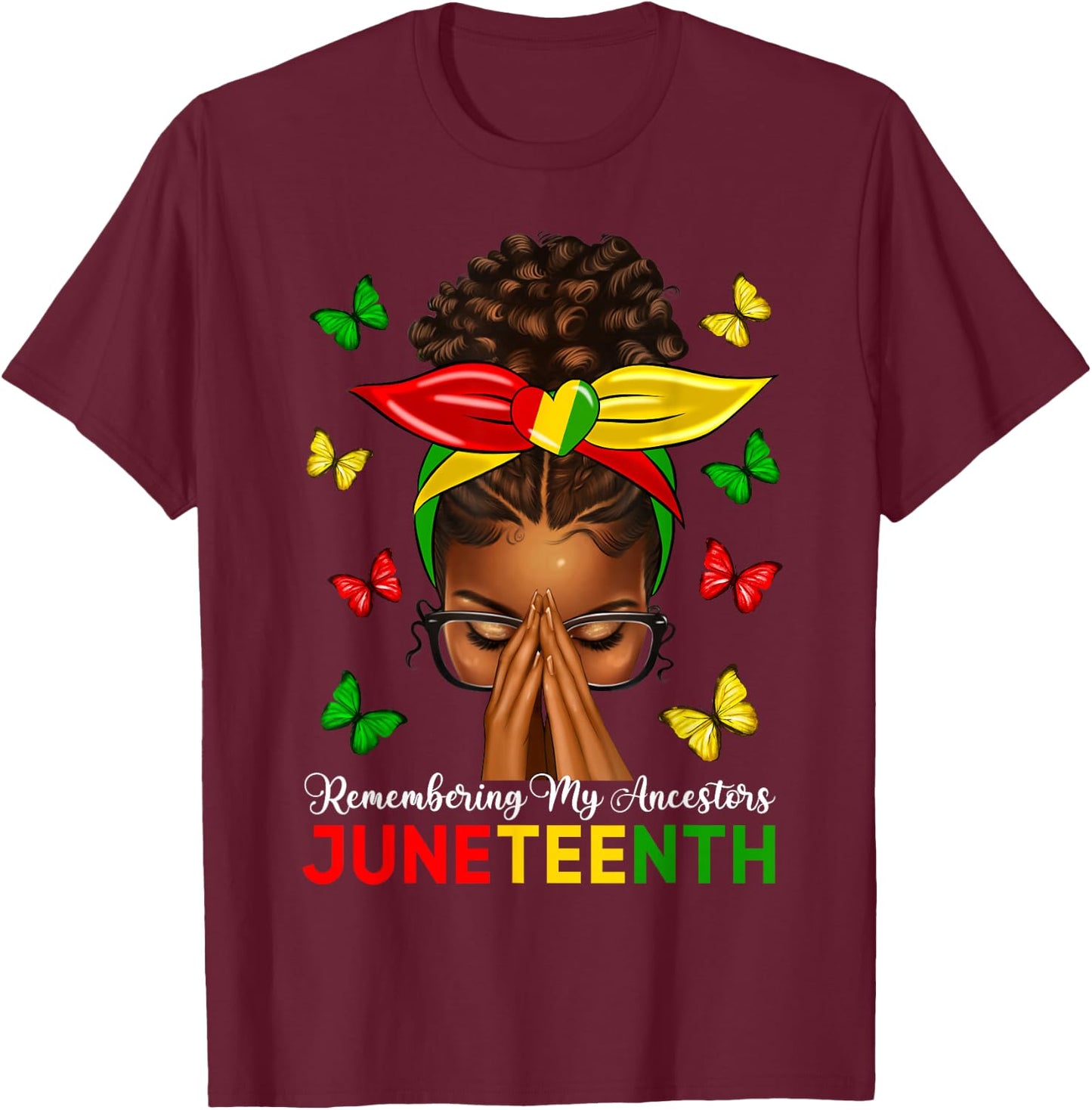 Black Women Afro Messy Bun Celebrate Juneteenth 1865 T-Shirt - T-Shirt | Maroon