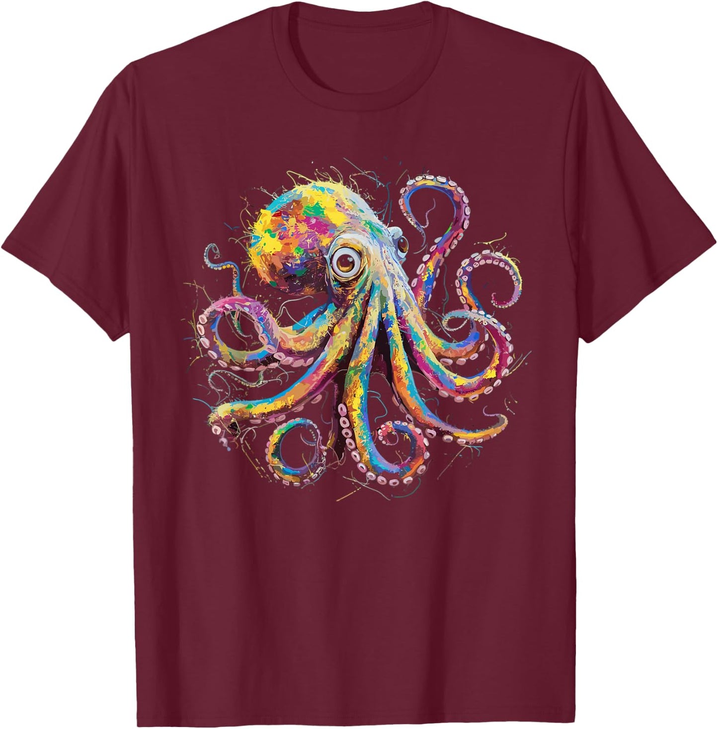 Colorful Paint Splash Octopus Art Graphic T-Shirt - T-Shirt | Maroon