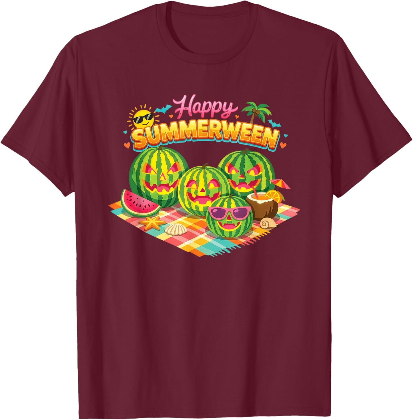 Happy Summerween Watermelon Jack O Lanterns Picnic T-Shirt - T-Shirt | Maroon