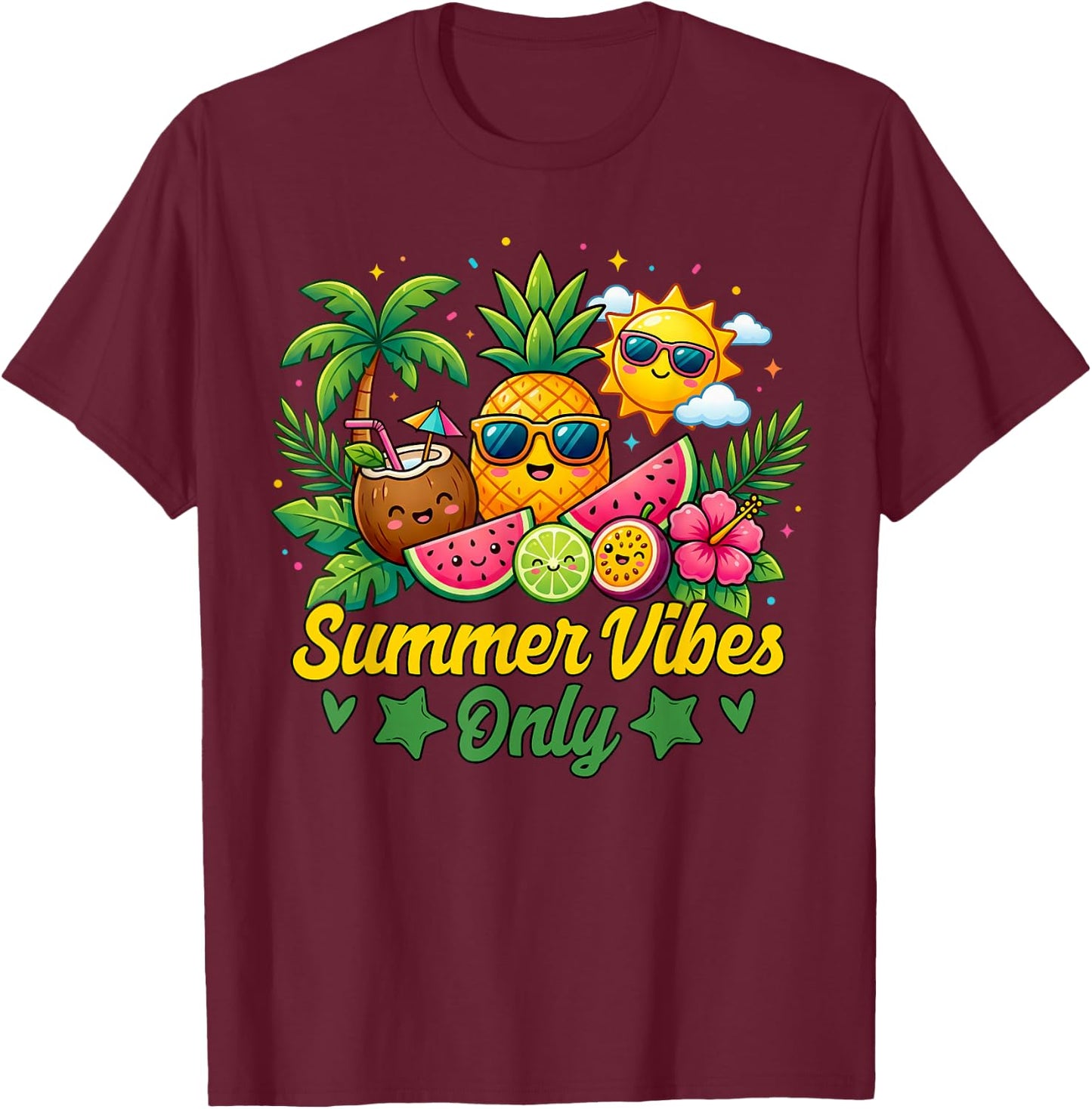Cute Summer Vibes Tropical Fruits Summer Vibes Only T-Shirt - T-Shirt | Maroon