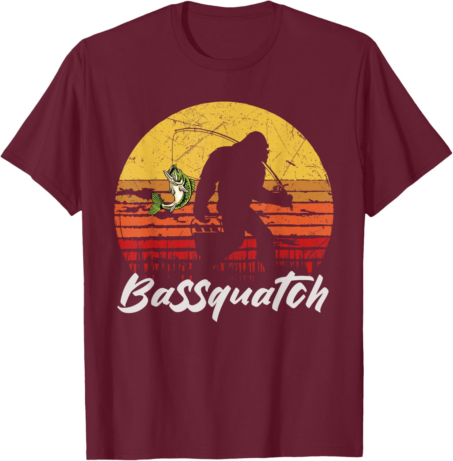Man Outdoor Fishing Bassquatch Bigfoot Bass Fish Vintage T-Shirt - T-Shirt | Maroon
