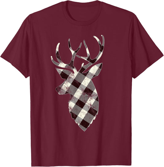 Deer Head Silhouette Gift White Buffalo Plaid Christmas T-Shirt - T-Shirt | Maroon