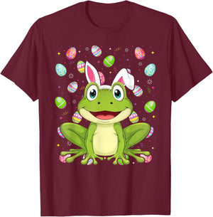 Frog Happy Easter Egg Hunt Bunny Ear Frog Easter T-Shirt - T-Shirt | Maroon