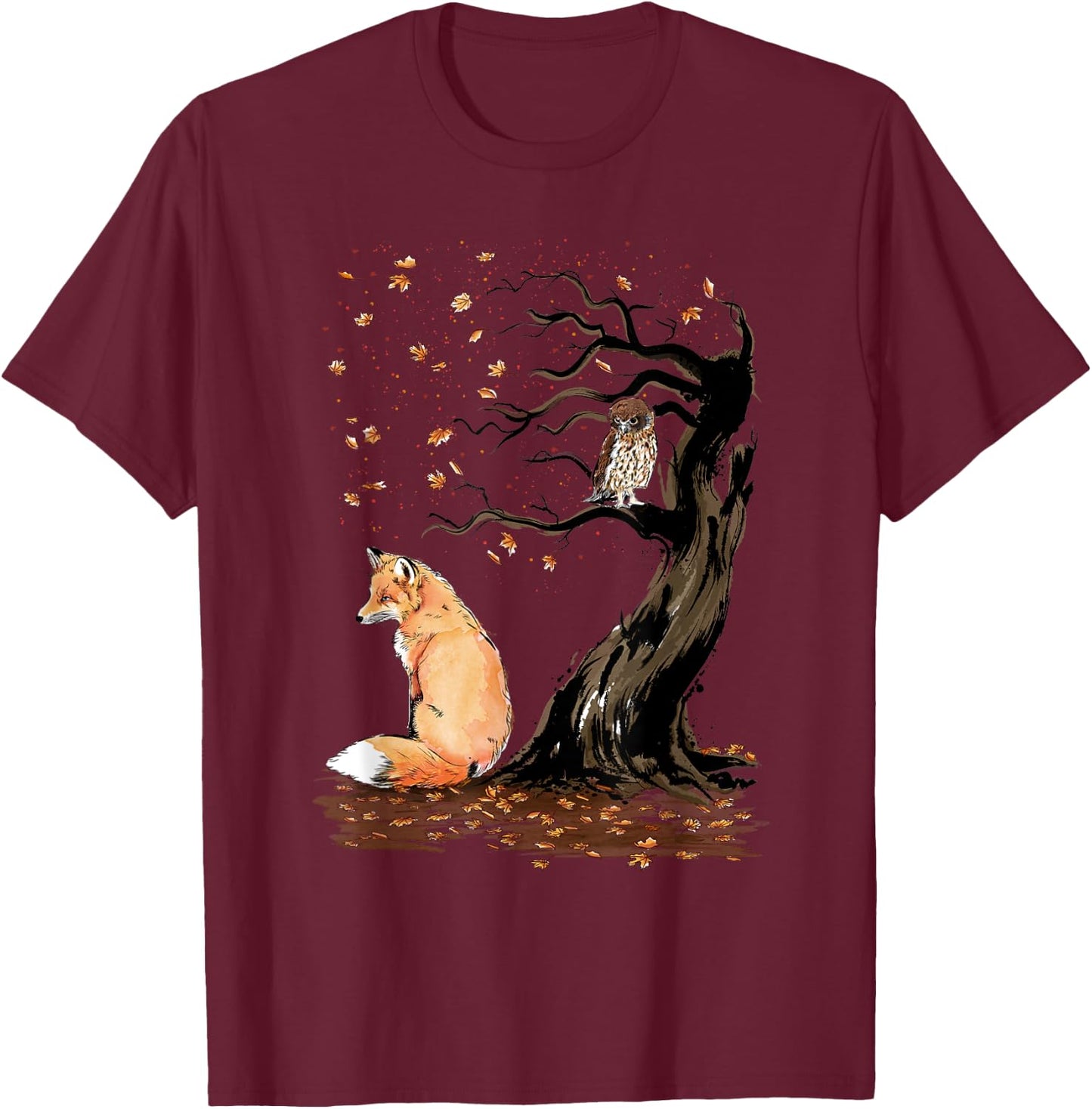 Winds of autumn Sumi-e The fox and the Owl T-Shirt - T-Shirt | Maroon