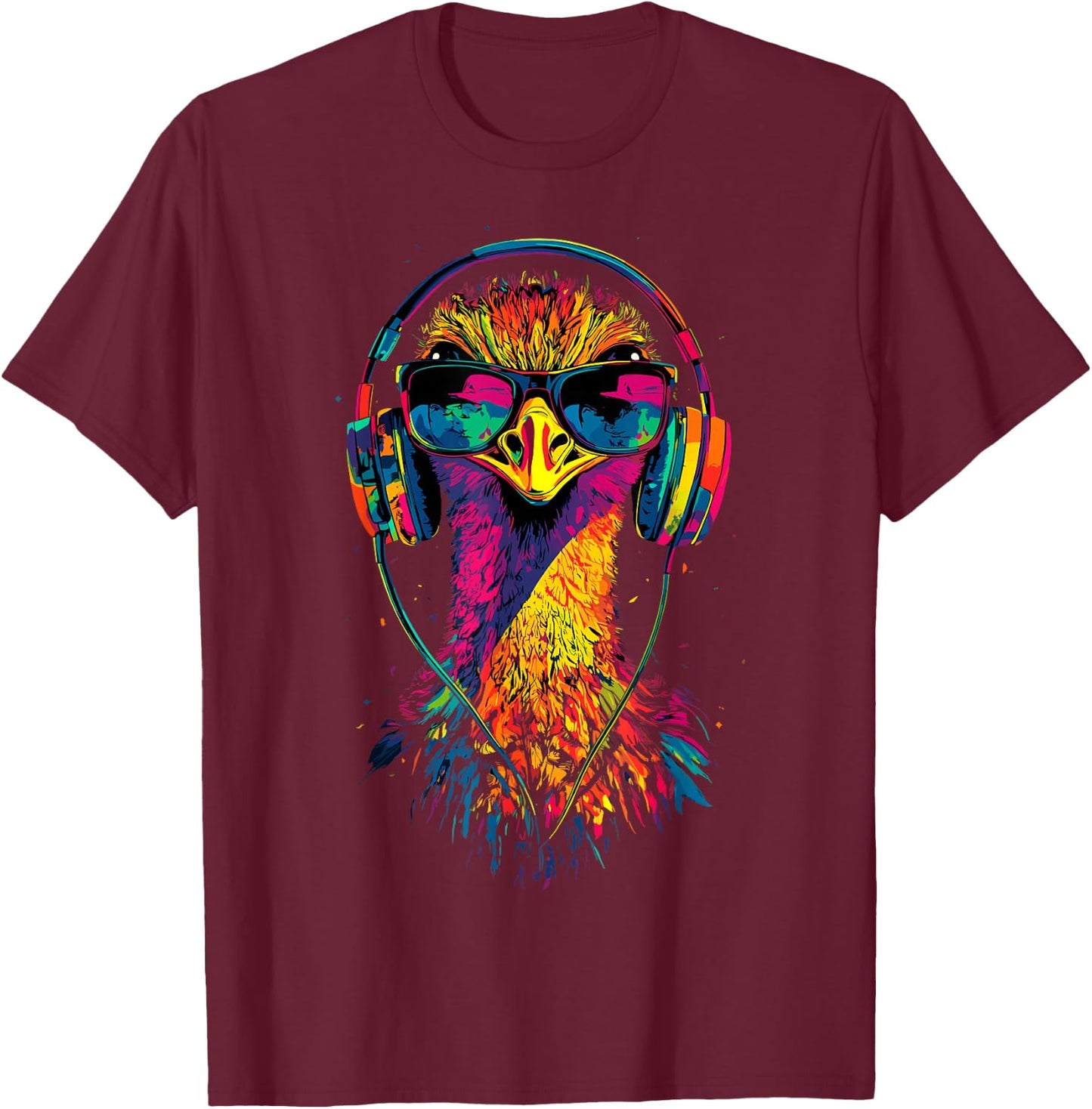 Ostrich Bird with Headphones Colorful Emu Music DJ , Black, S T-Shirt - T-Shirt | Maroon