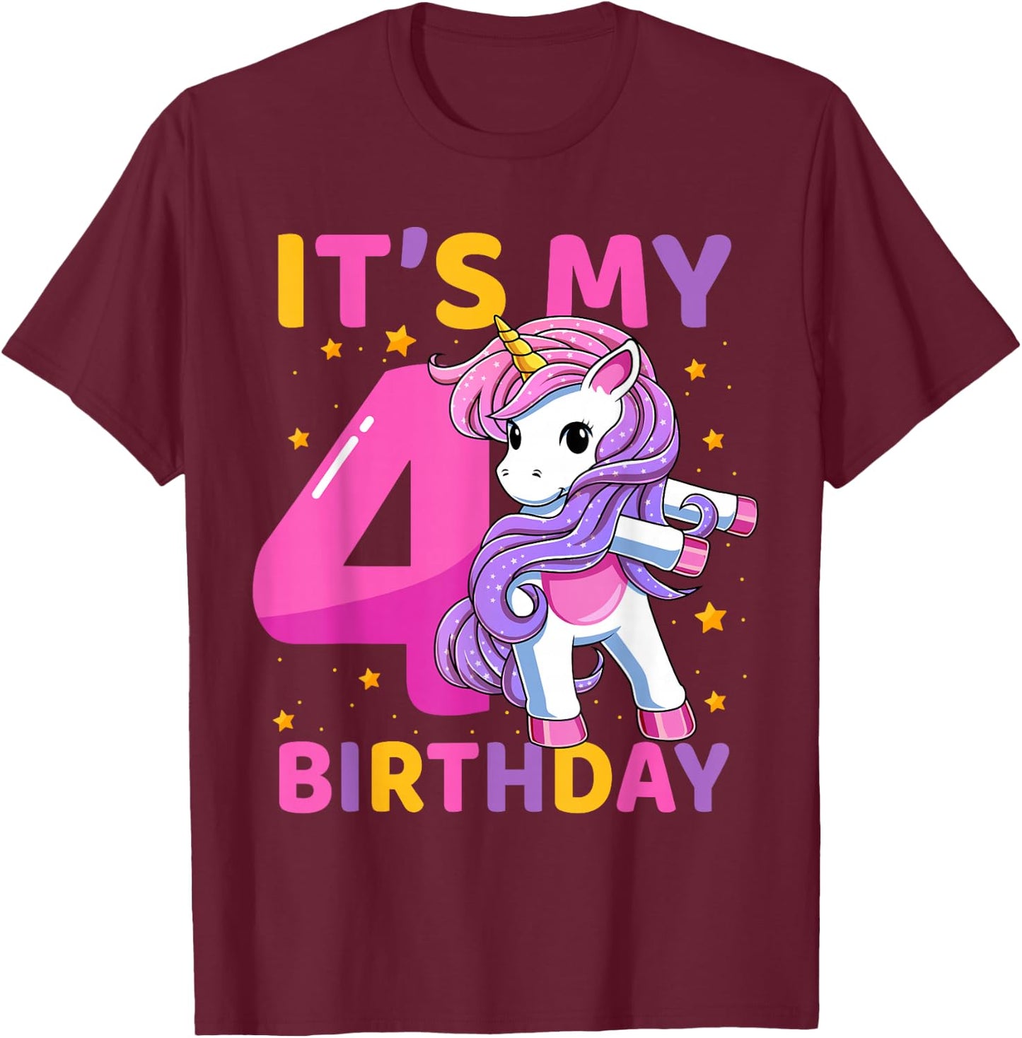 4 Years Old Unicorn Flossing 4th Birthday Party Girls Kids T-Shirt - T-Shirt | Maroon