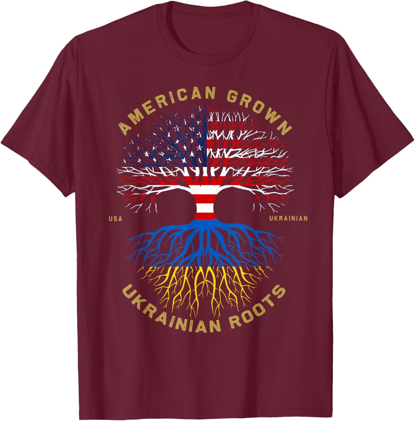 American Grown with Ukrainian Roots Tree Vintage USA Flag T-Shirt - T-Shirt | Maroon