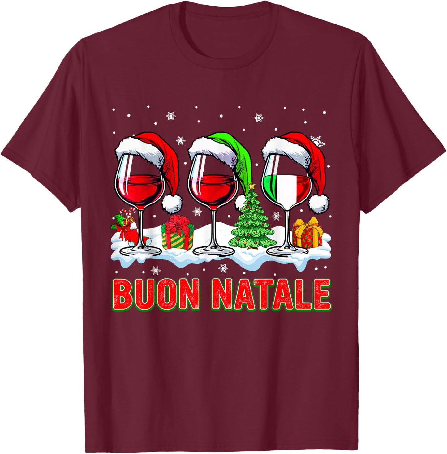 Buon Natale Merry Christmas Italian Three Santa Wine Glasses T-Shirt - T-Shirt | Maroon