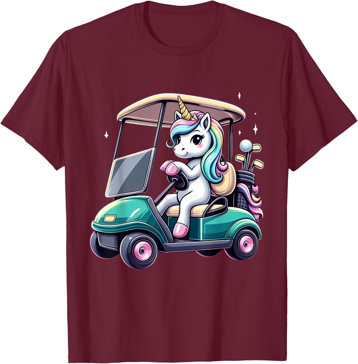 Unicorn Riding Golf Cart Boys Girls Women Kids Teens Rainbow T-Shirt - T-Shirt | Maroon