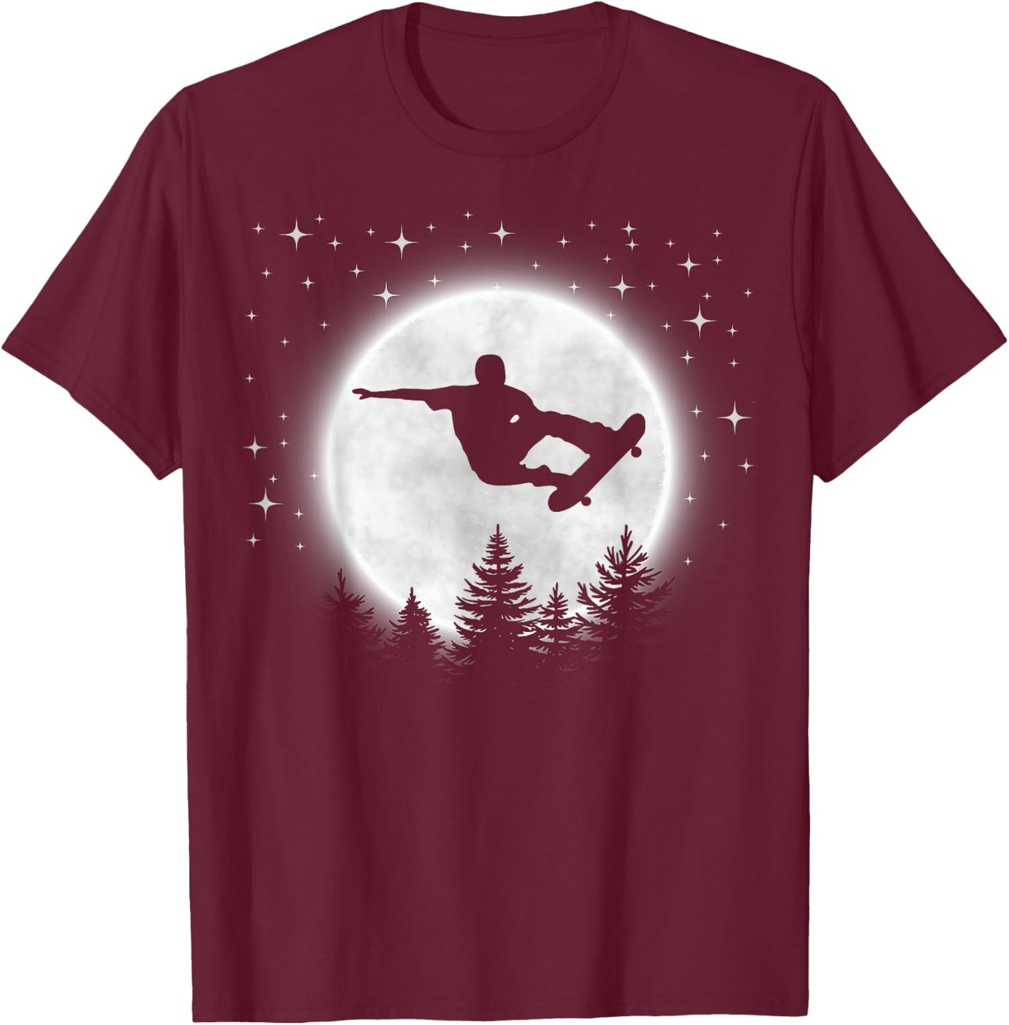 Funny Skateboarder Silhouette Skateboarding Moon Forest T-Shirt - T-Shirt | Maroon