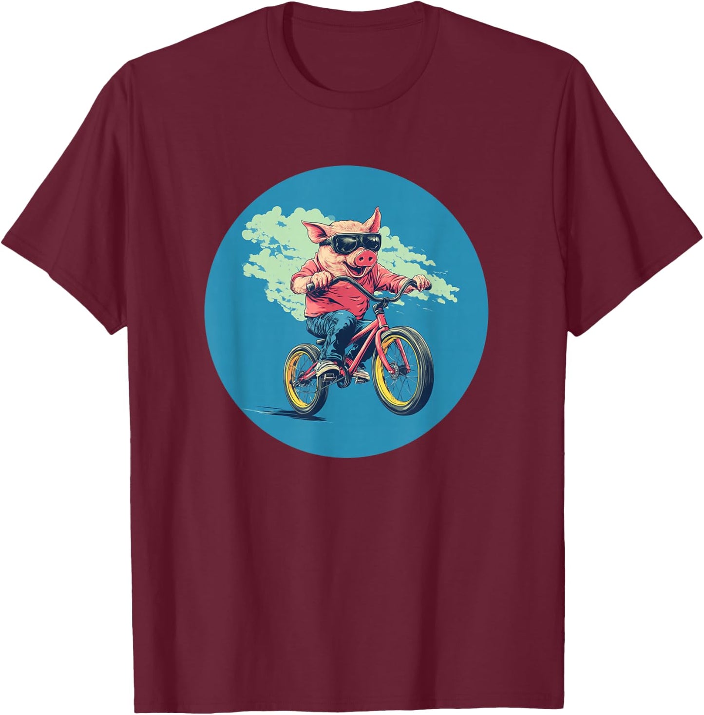 Comical Pig on a Bicycle for a Quirky Adventure T-Shirt - T-Shirt | Maroon