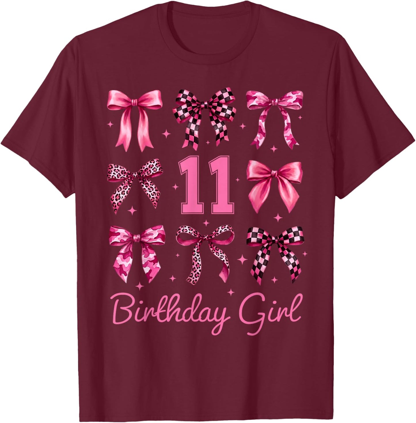 11th Birthday Girl Leopard Coquette Bows 11 Year Old Girl T-Shirt - T-Shirt | Maroon