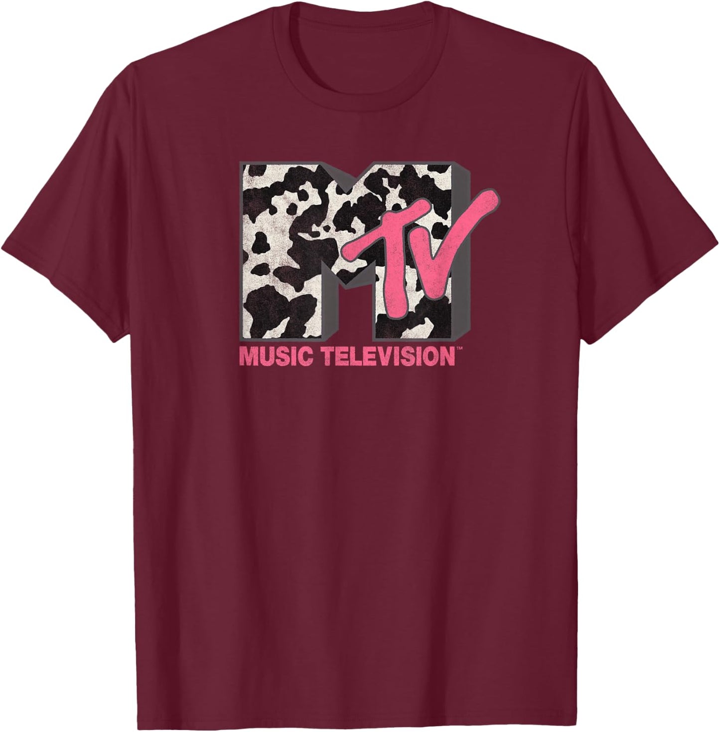 MTV Music Television Cow Print Pattern Classic Logo T-Shirt - T-Shirt | Maroon